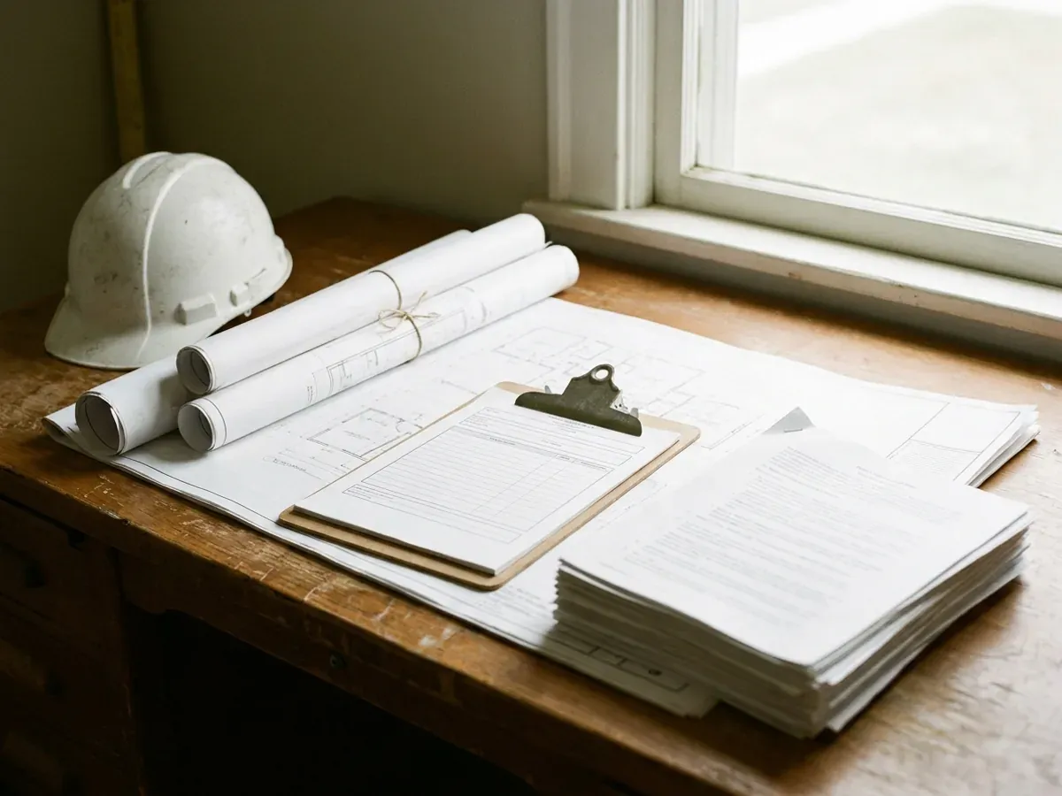 A building permit submittal package on a desk with rolled construction drawings, forms on a clipboard, and a hard hat.