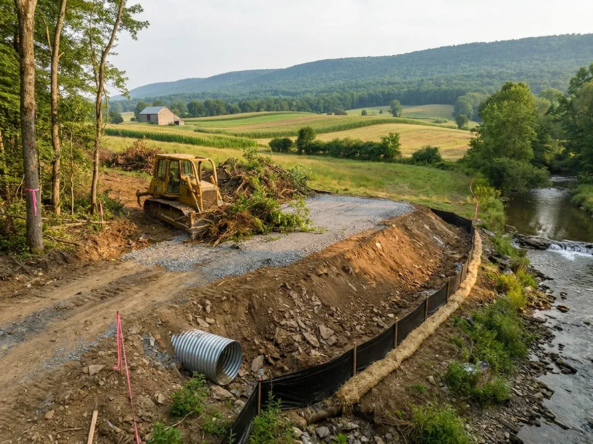 A dozer clearing brush on a rural parcel beside a compacted crushed-stone building pad, with broken shale in the cut, a silt fence downhill and a culvert at the driveway entrance.