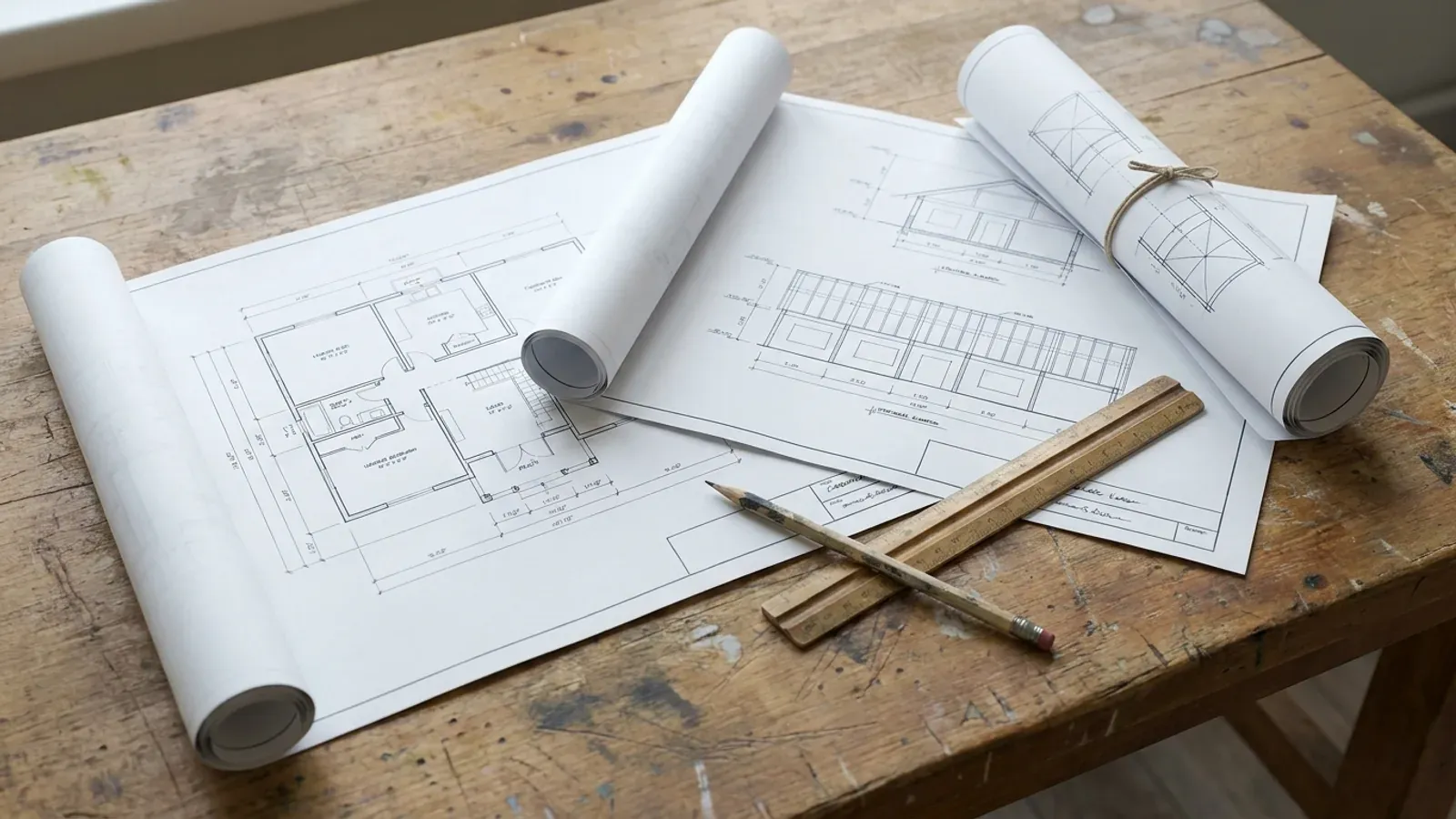 Overhead view of architectural floor plan and structural elevation drawings spread on a workbench with a scale ruler and pencil.
